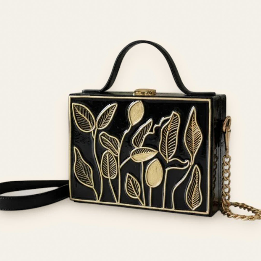 Handcrafted Black Charm Lippan Art Rectangle Box Bag