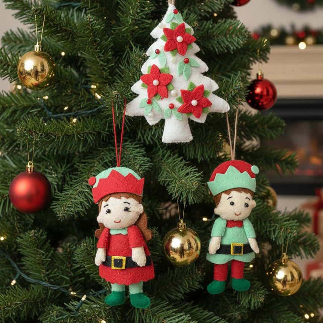 3 Pc | Felt Christmas Elves And Poinsettia Tree Ornament