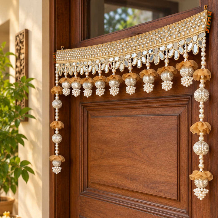 42 Inch | Handcrafted Mirror Work Golden Gota Patti Silk Toran With Pearls & Ghungroo