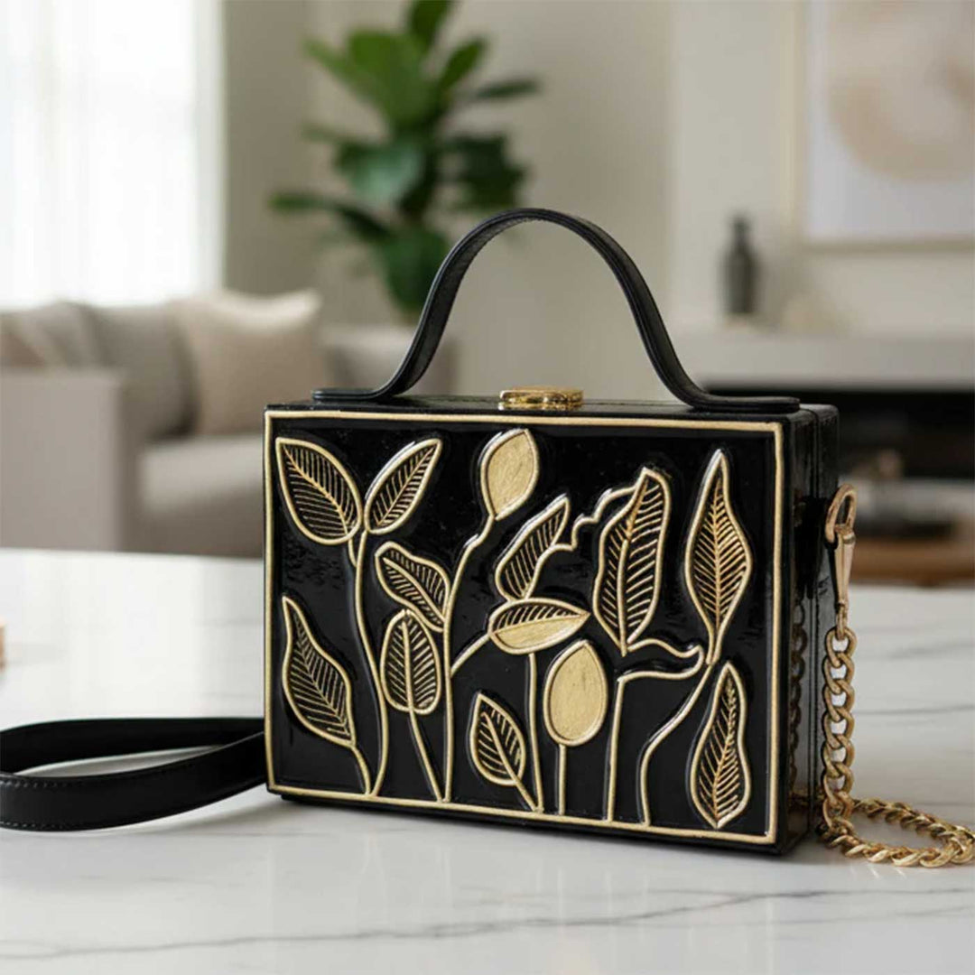 Handcrafted Black Charm Lippan Art Rectangle Box Bag