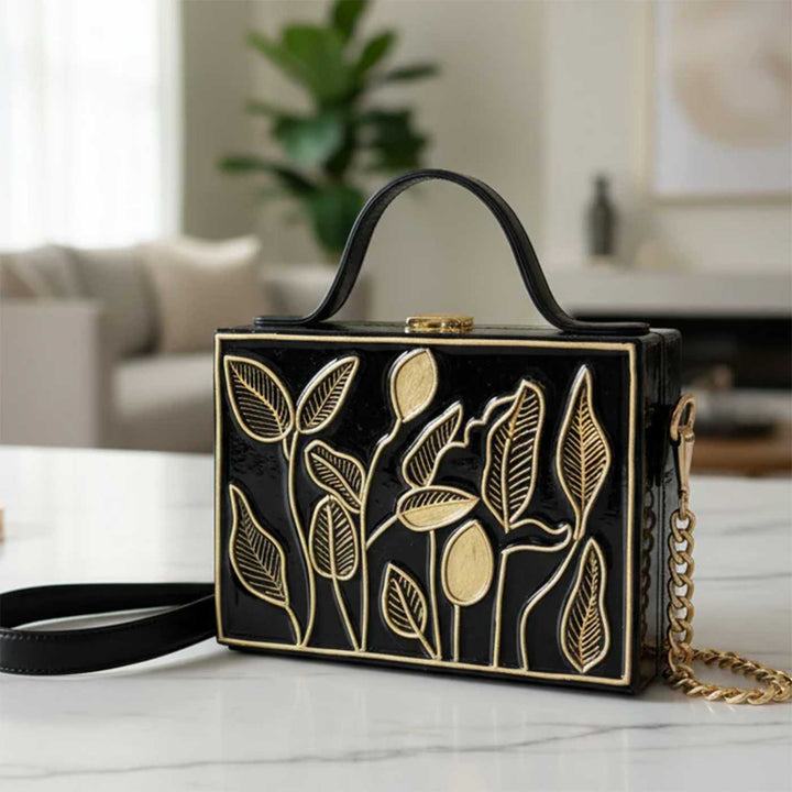 Handcrafted Black Charm Lippan Art Rectangle Box Bag