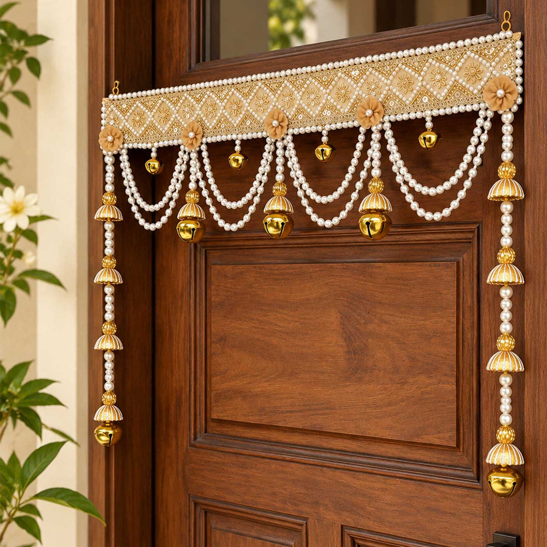 42 Inch | Handcrafted Pearl Ghungroo Golden Gota Patti Silk Toran With Beads