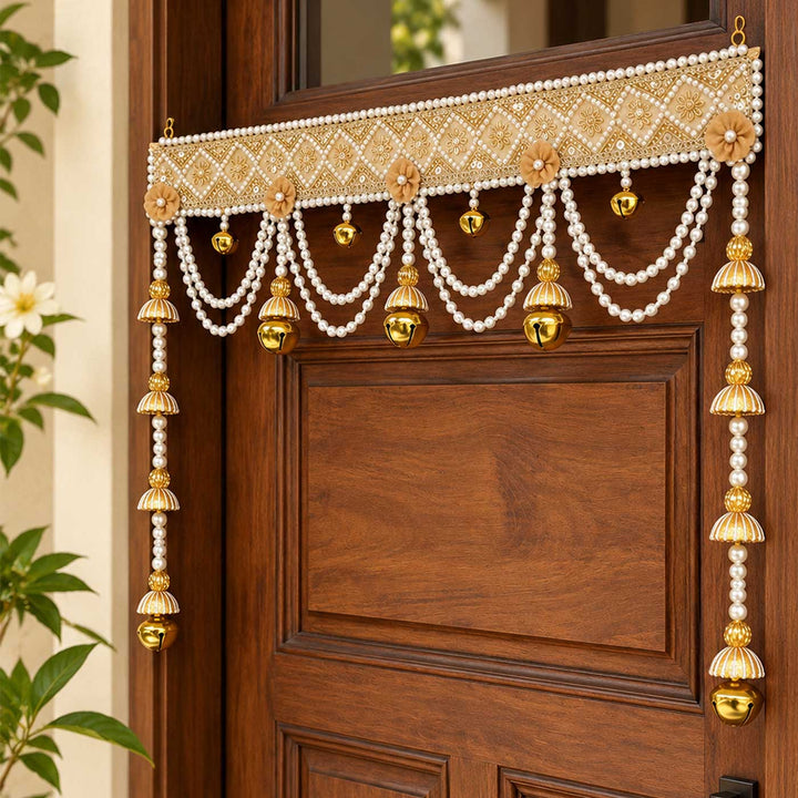 42 Inch | Handcrafted Pearl Ghungroo Golden Gota Patti Silk Toran With Beads