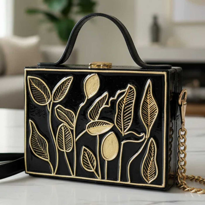 Handcrafted Black Charm Lippan Art Rectangle Box Bag