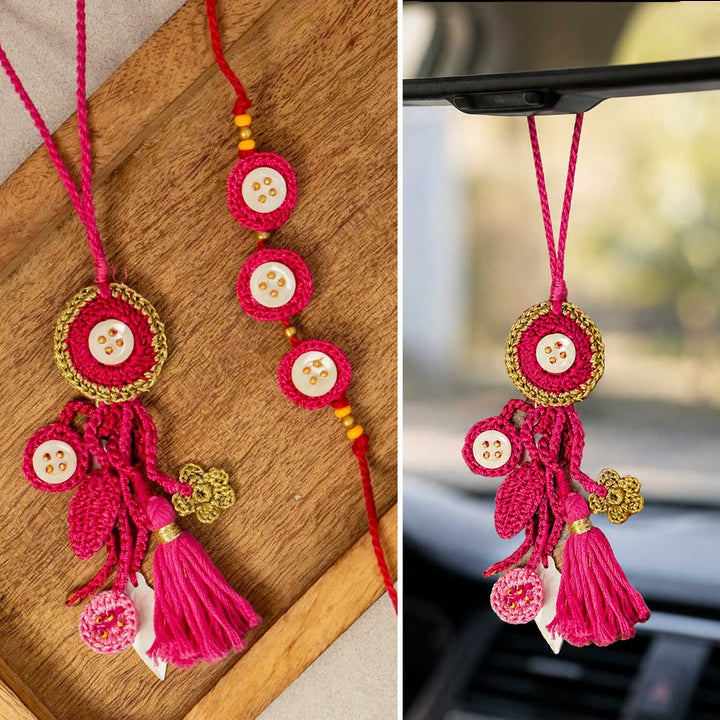 Handmade Crochet Pink Seepi Bhaiya Bhabhi Rakhi With Roli Chawal | Set Of 2
