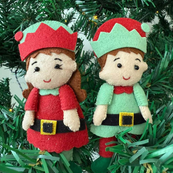 3 Pc | Felt Christmas Elves And Poinsettia Tree Ornament