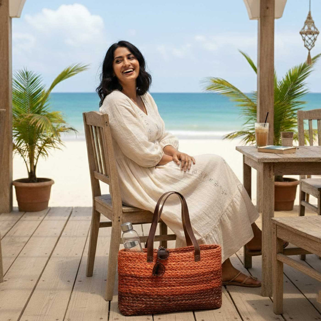 Handmade Grass Woven Three Colored Strips Sabai Mesh Handbag