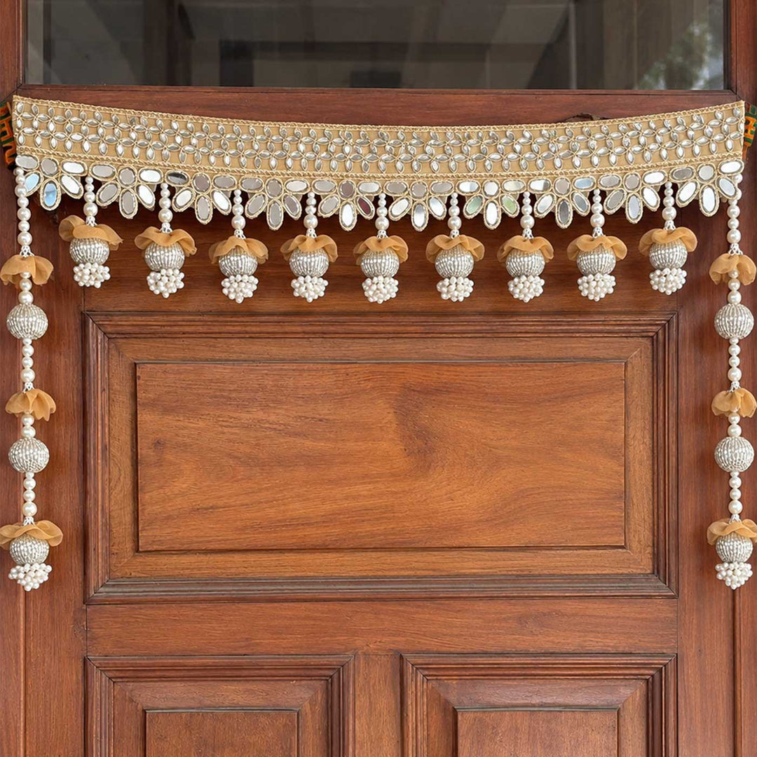 42 Inch | Handcrafted Mirror Work Golden Gota Patti Silk Toran With Pearls & Ghungroo