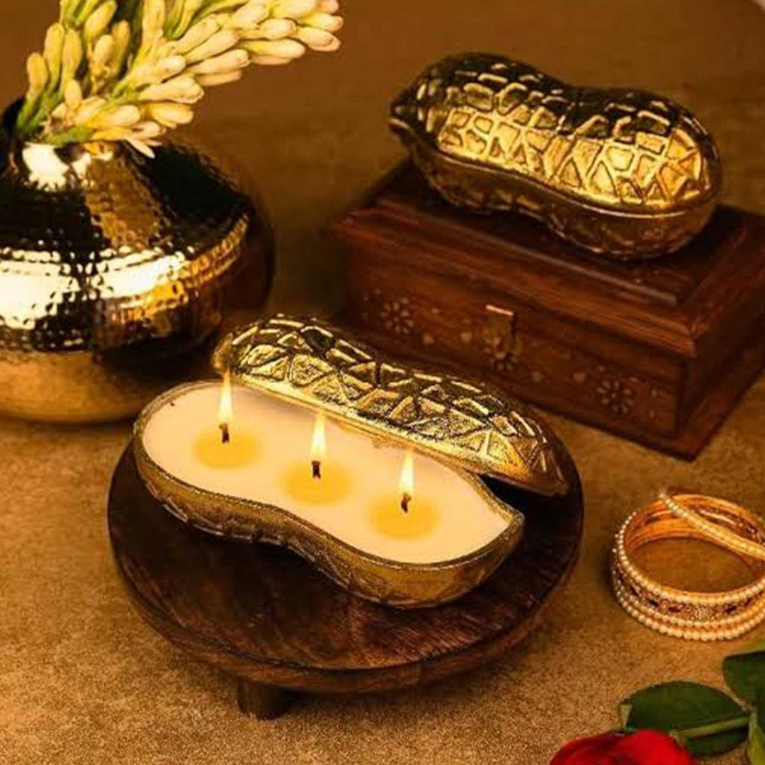 Handmade Gold-Toned Moongfali Peanut Shaped Oud Scented Soy Wax Urli Candle