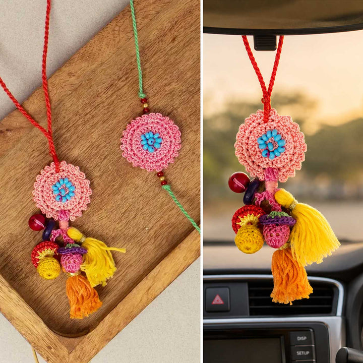 Handmade Crochet Pink Poppy Bhaiya Bhabhi Rakhi With Roli Chawal | Set Of 2