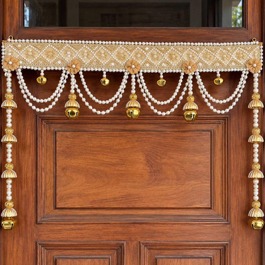 42 Inch | Handcrafted Pearl Ghungroo Golden Gota Patti Silk Toran With Beads