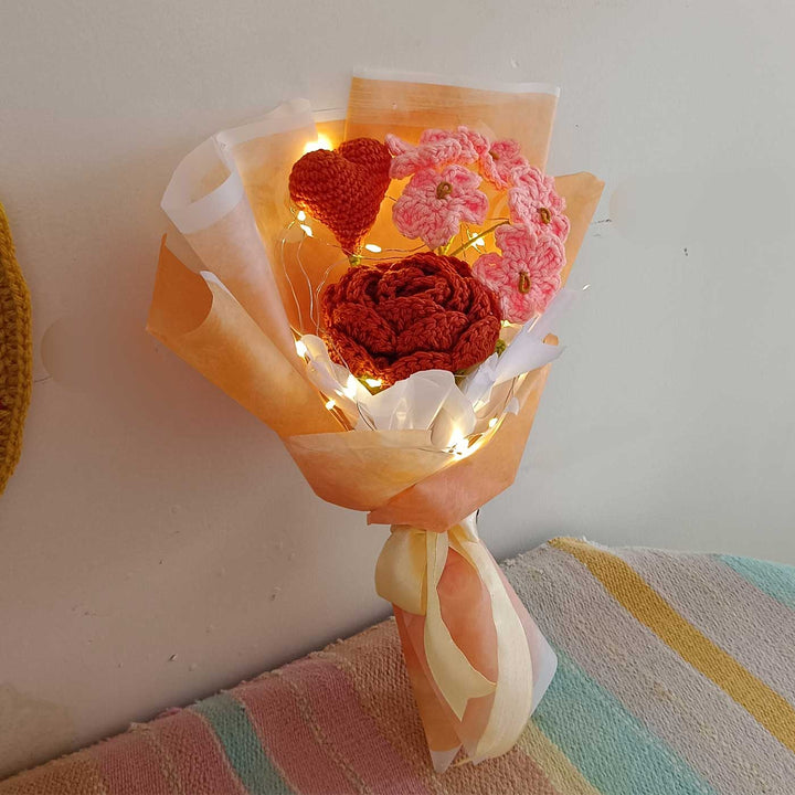 Handmade Crochet Heart Strings Theme Flower Bouquet With Lights