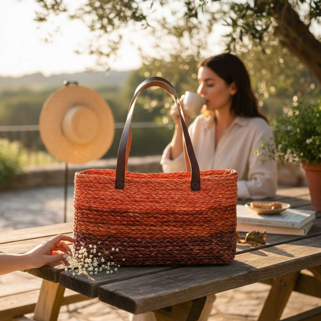 Handmade Grass Woven Three Colored Strips Sabai Mesh Handbag