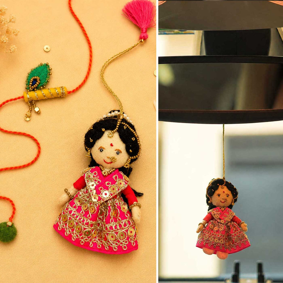 Hand Embroidered Radha Bansuri Rakhi Lumba Set For Bhaiya Bhabhi