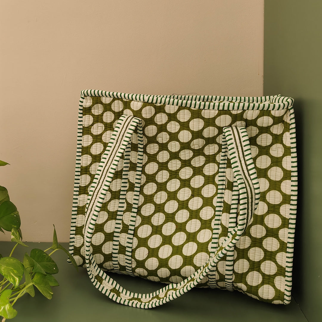 Handmade Olive Polka Cotton Tote Bag
