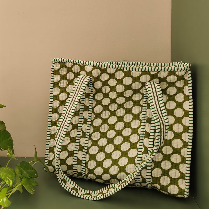 Handmade Olive Polka Cotton Tote Bag