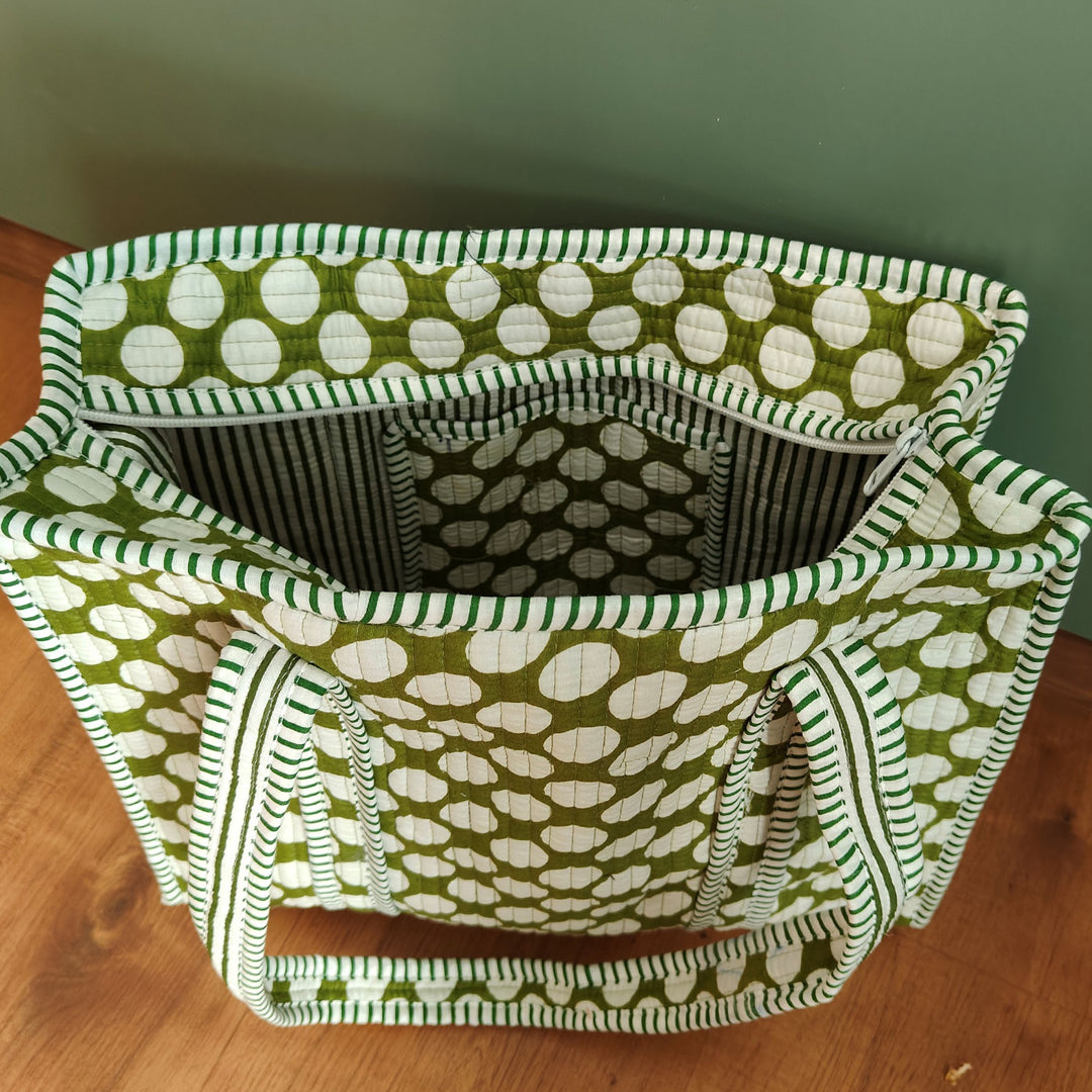 Handmade Olive Polka Cotton Tote Bag