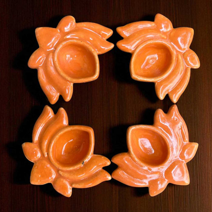 Set Of 4 | Handmade Orange Lotus Design Ceramic Oil Lamp / Diya