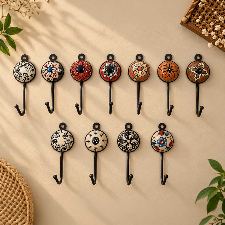 2 Pc | Macrame Handpainted Ceramic Bells Hanging With Wooden Rings & Beads With Assorted Ceramic Hooks