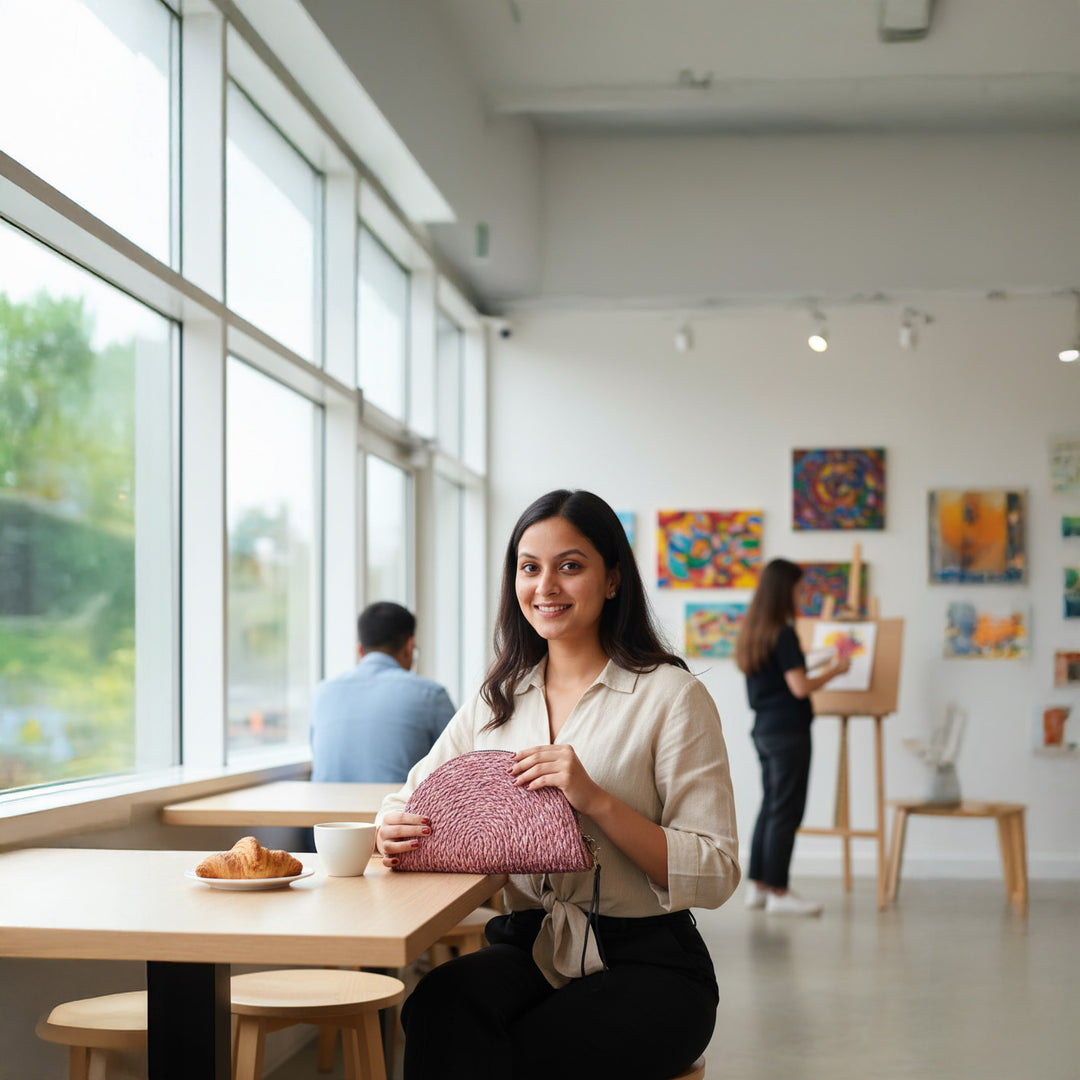 Handmade Grass Woven Pink Boho Sanai Clutch