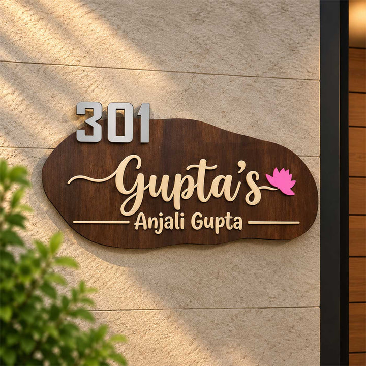 Personalized Lotus & Leaf Motif Curved Rubber Wood Name Plate With 3D Metal Letters For Home