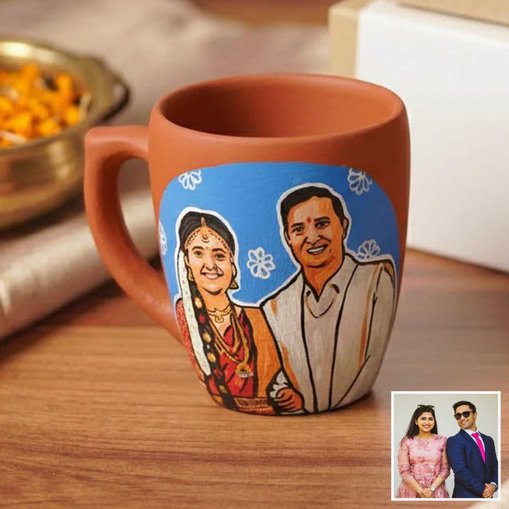 South Indian Couple Photo Personalized Handpainted Terracotta Mug | 280 Ml