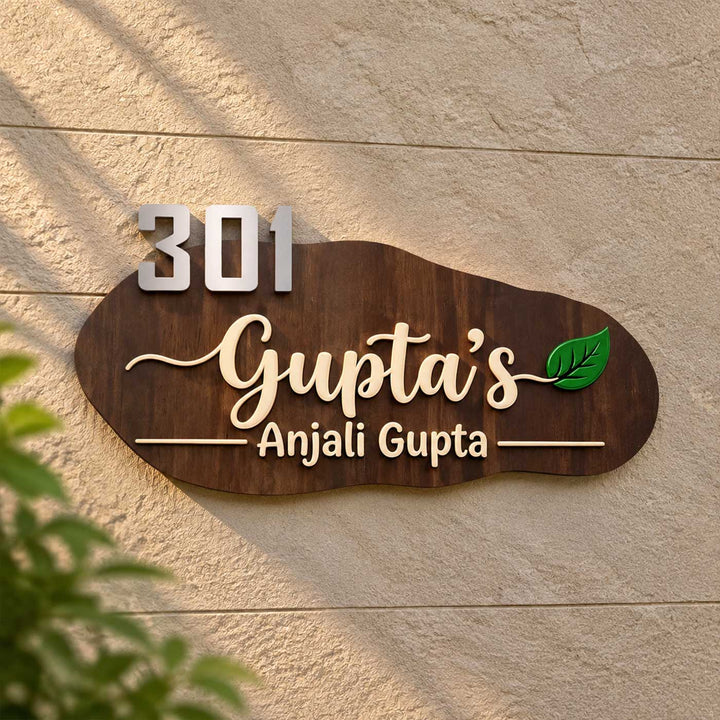 Personalized Lotus & Leaf Motif Curved Rubber Wood Name Plate With 3D Metal Letters For Home