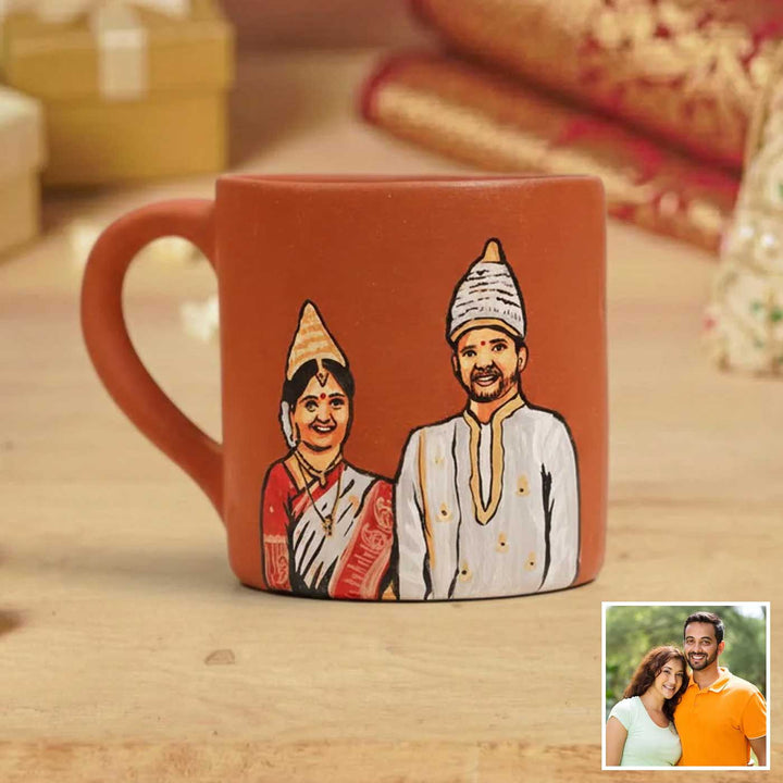 Bengali Couple Photo Personalized Handpainted Terracotta Mug | 280 Ml