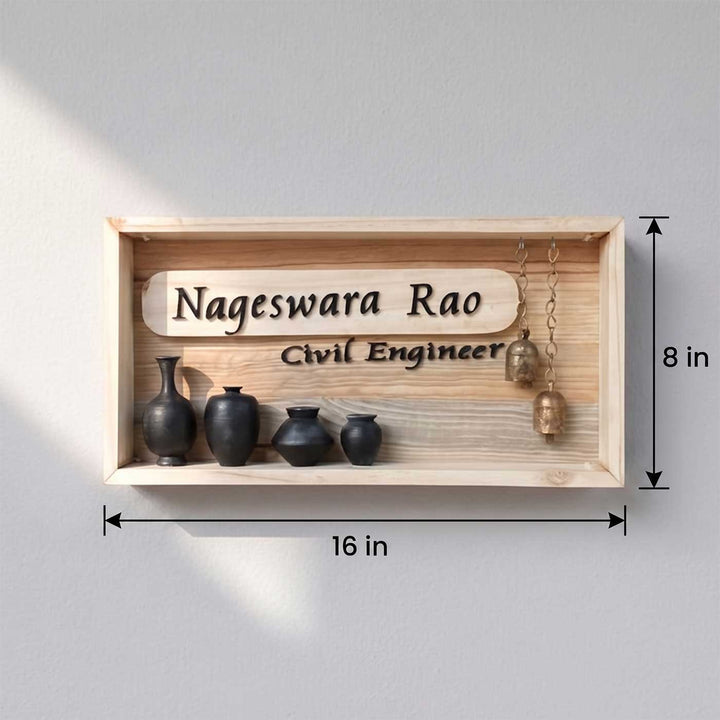Handcrafted Personalized Shadowbox Pinewood Name Plate With Mini Pots & Copper Bells For Home
