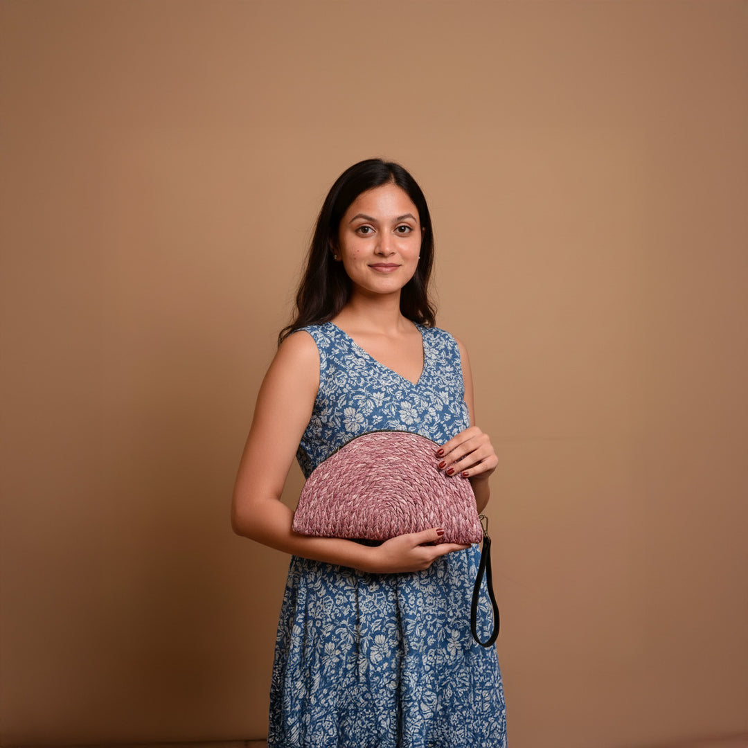 Handmade Grass Woven Pink Boho Sanai Clutch