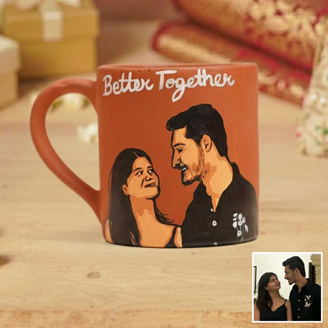 Young Anniversary Couple Photo Personalized Handpainted Terracotta Mug | 280 Ml