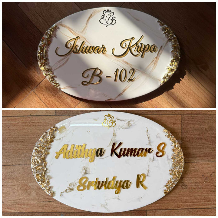 Handmade Resin White & Gold Oval Marbled Name Plate