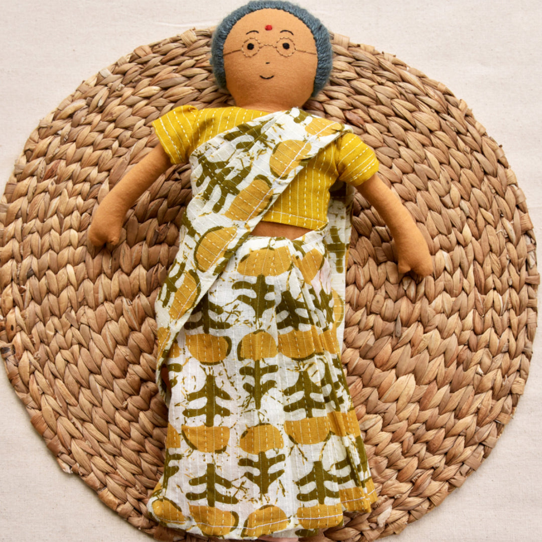 Nilah's Patti (Grandmother) In Yellow Saree | Soft Hand-Stitched Sustainable Indian Play Doll