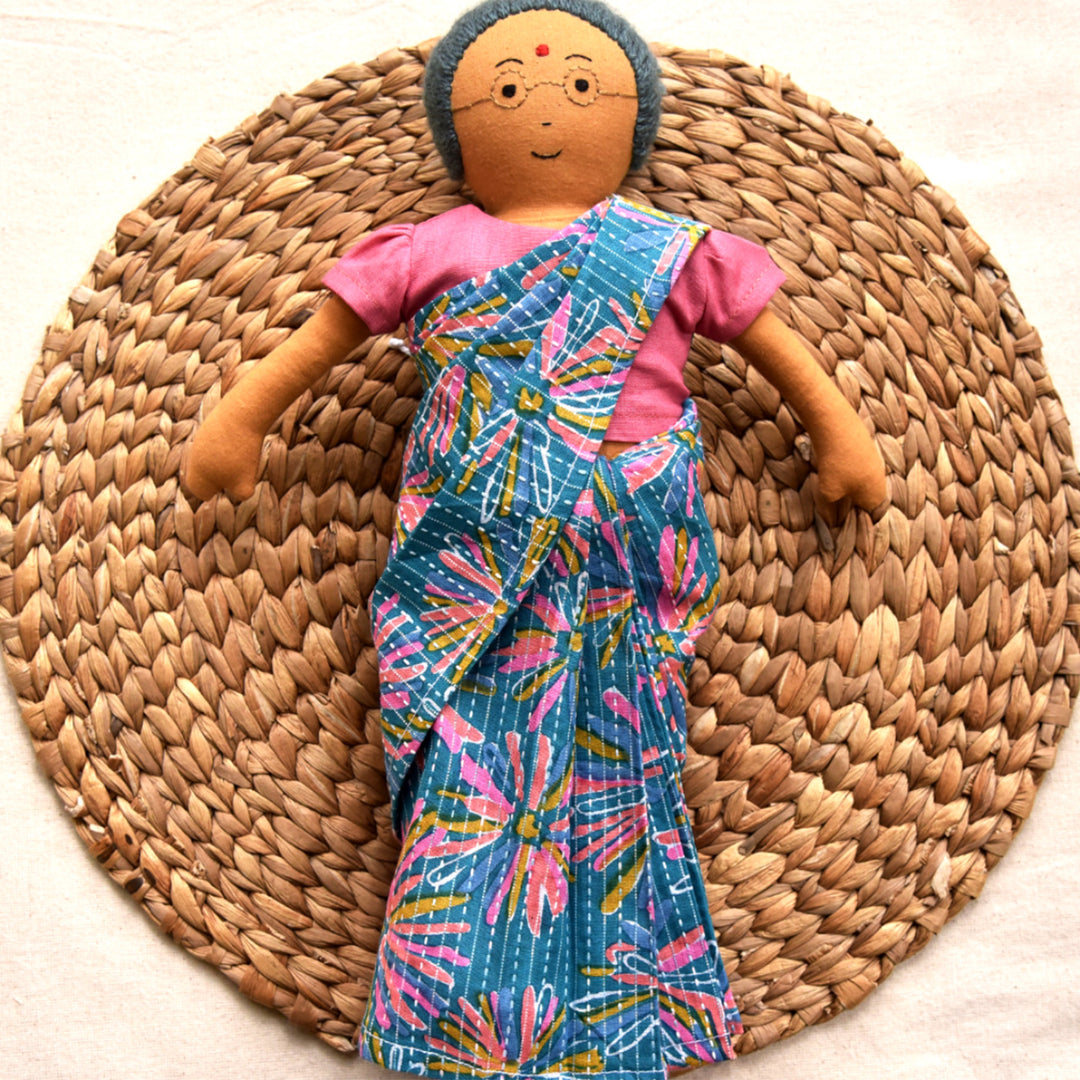 Nilah's Patti (Grandmother) In Blue Saree | Soft Hand-Stitched Sustainable Indian Play Doll
