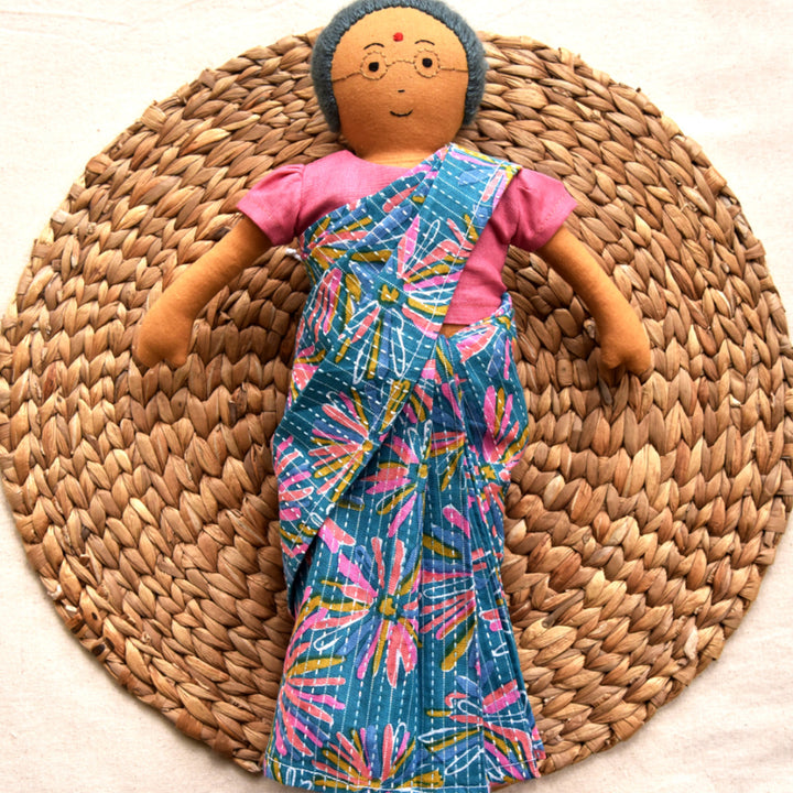 Nilah's Patti (Grandmother) In Blue Saree | Soft Hand-Stitched Sustainable Indian Play Doll