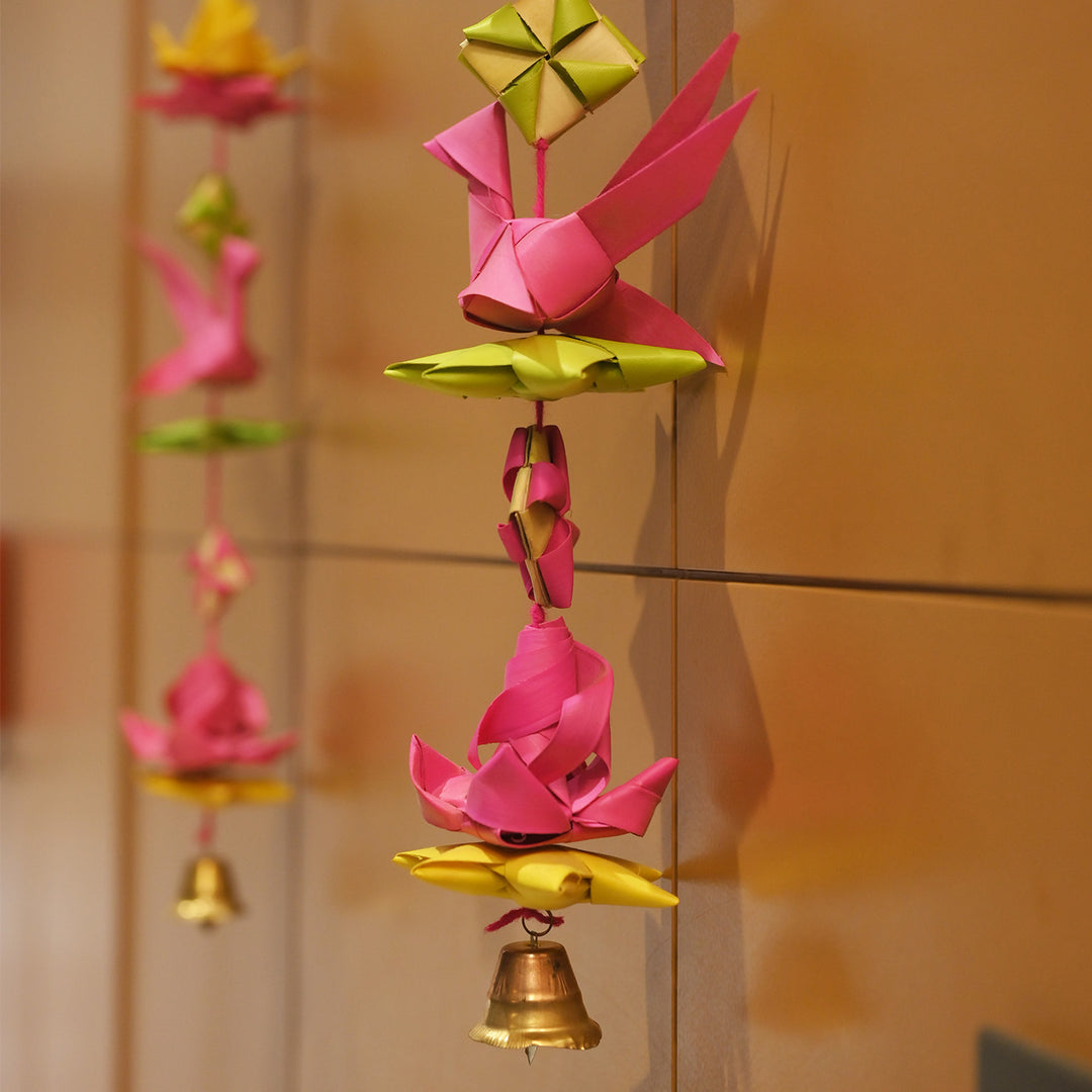 2 Pc | Handwoven Palm Leaf Lotus & Bird Wall Hanging With Bells