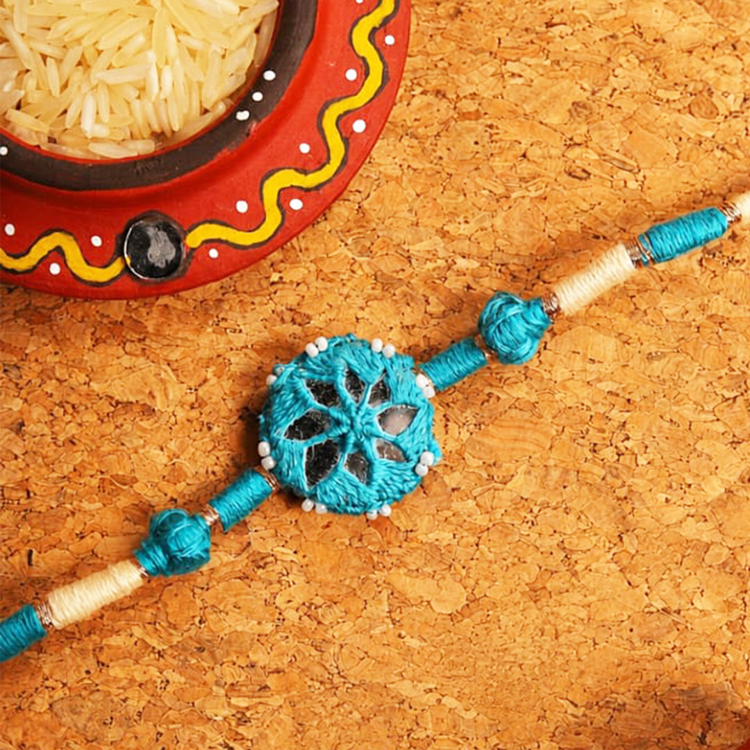 Handmade Mirror Work Patwa Blue Cotton Rakhi With Roli Chawal