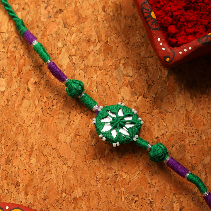 Handmade Mirror Work Patwa Green Cotton Rakhi With Roli Chawal
