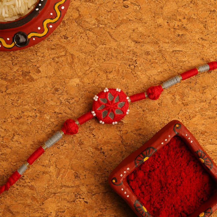 Handmade Mirror Work Patwa Red Cotton Rakhi With Roli Chawal