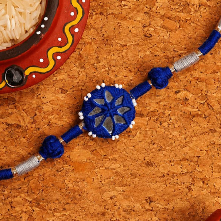 Handmade Mirror Work Patwa Royal Blue Cotton Rakhi With Roli Chawal