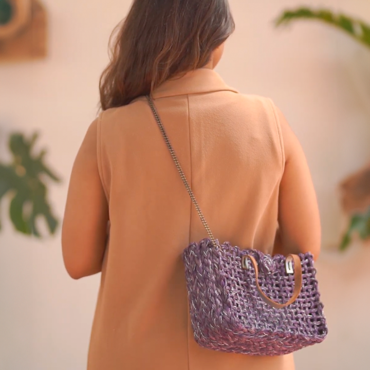 Handmade Grass Woven Boxed Metal Chain Strap Lavender Sabai Mesh Sling Bag