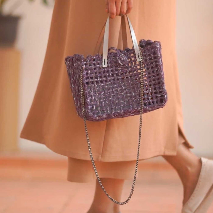 Handmade Grass Woven Boxed Metal Chain Strap Lavender Sabai Mesh Sling Bag