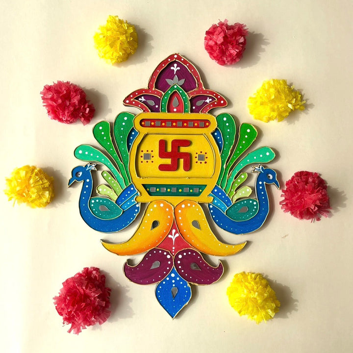 Hand-Painted Shubh Labh Peacock Decorative Rangoli With Mirror Work For Festive Decor