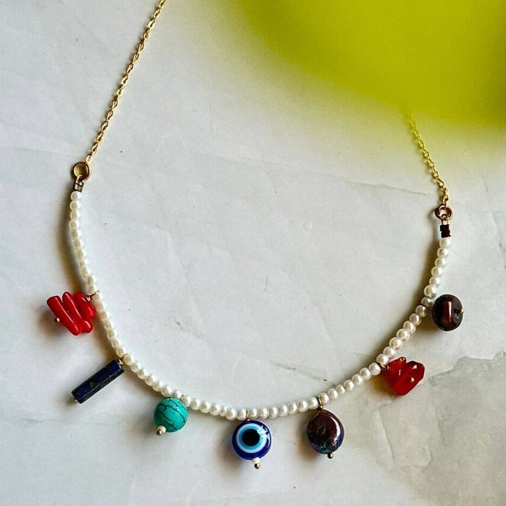 Handmade Pearl Choker With Evil Eye Necklace