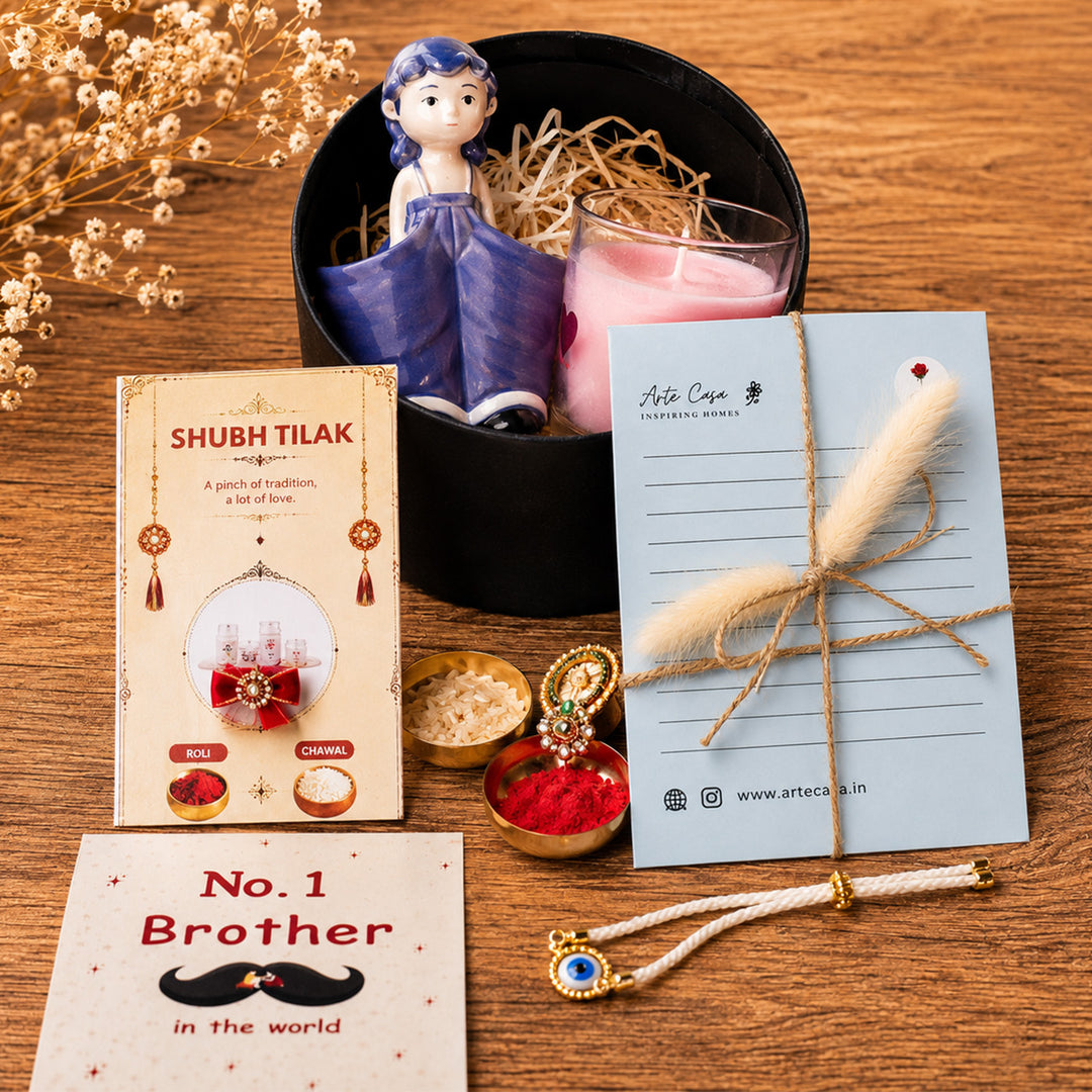 "Office Hero" Pen Stand Candle Rakhi Hamper With Evil Eye Rakhi & Roli Chawal For Brother