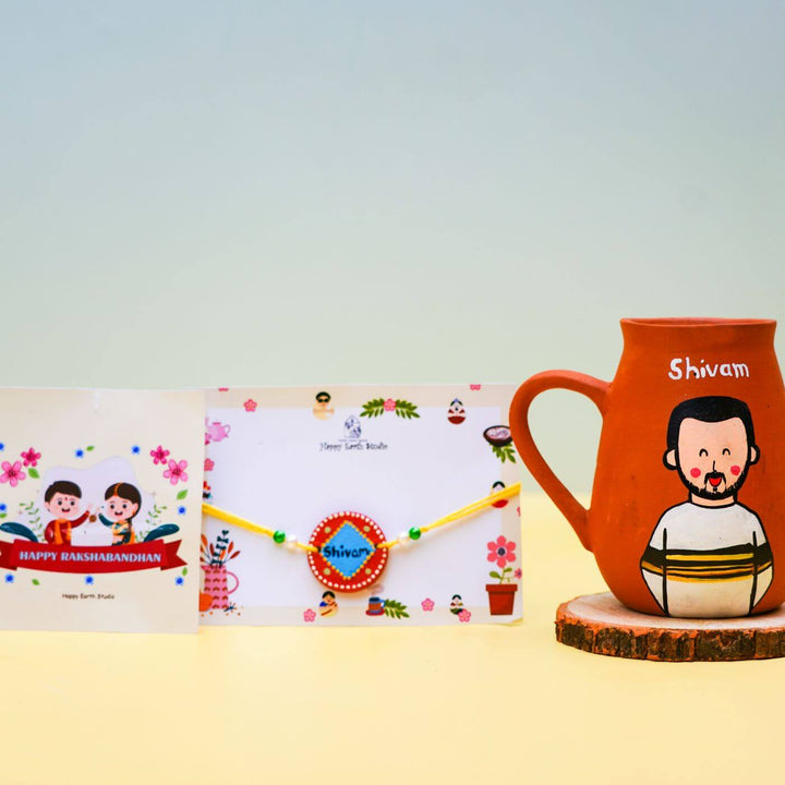 Photo Personalised Terracotta Caricature Rakhi & Coffee Mug Set with Roli Chawal
