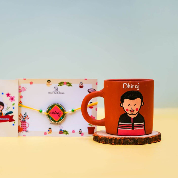 Photo Personalised Terracotta Caricature Rakhi & Coffee Mug Set with Roli Chawal