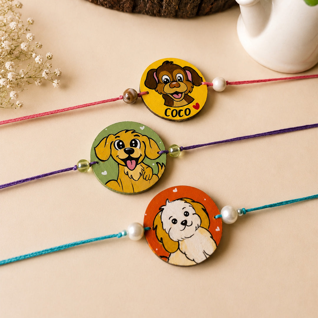Photo Personalized Handpainted Reusable Caricature Mdf Wood Rakhi With Roli Chawal For Pets