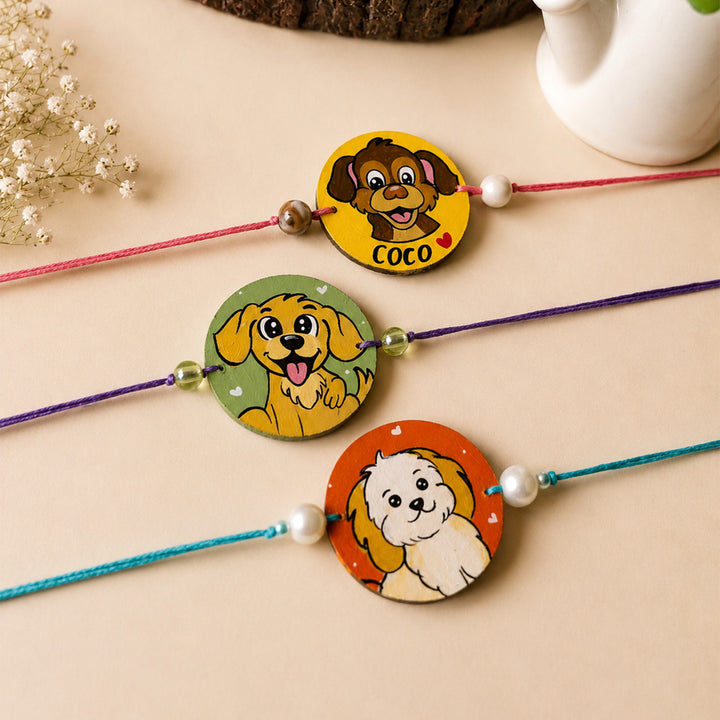 Photo Personalized Handpainted Reusable Caricature Mdf Wood Rakhi With Roli Chawal For Pets