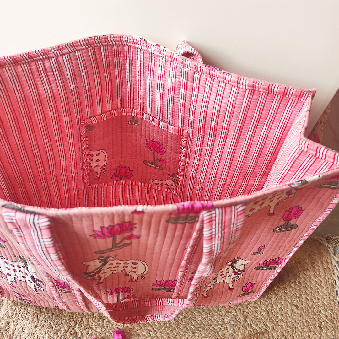 Handmade Pichwai & Rose Cotton Tote Bag